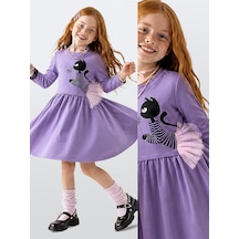 Deno Kids Denokids Kız Çocuk Elbise Kedi Baskılı Tül Detaylı Uzun Kollu Fırfırlı Elbise 4-9 Yaş Çok Renkli