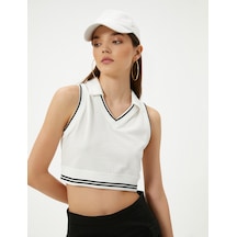Koton Polo Yaka Crop Üst Kolsuz Çizgili Pamuklu Ekru 4sal30134ık Ekru