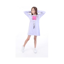 Toontoy Kız Çocuk Baskılı Relax Fit Bisiklet Yaka Uzun Kollu Bağcıklı Elbise - Açık Lila