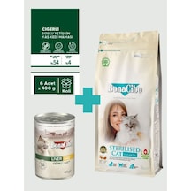 Bonacibo Sterilised Somonlu Kedi Maması 2 Kg & Soslu Ciğerli Yaş Mama Seti 6x400 Gr