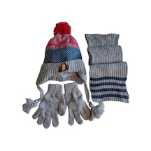 Kitti 4-8 Yaş Erkek Çocuk Atkı Bere Eldiven İçi Polarlı 3'lü Takım 24170-11 Gri