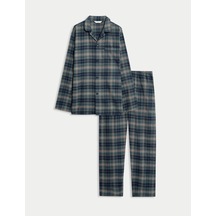 Marks & Spencer Saf Pamuklu Kareli Pijama Takımı T07007630 Yeşil