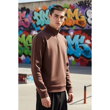 Benerly Erkek Dik Yaka Fermuarlı %100 Pamuk Regular Sweatshirt Fonksiyone Kahverengi