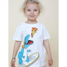 Breeze Erkek Çocuk Pamuklu Pizza Yiyen Dinazor Baskılı Tshirt-14566 Beyaz