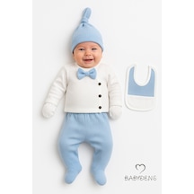 Babyden's Erkek Bebek Hastane Çıkışı 5'li Takım %100pamuk Ribana Kumaş Papyonlu Zıbın, Şapka,eldiven,önlük,alt Mavi