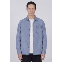 Sabri Özel Erkek Buz Mavisi Normal Kesim Regular Fit Pamuk Torba Cep Uzun Kollu Denim Ceket Gömlek Açık Mavi