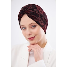 Bordo Simli Büzgülü Tesettür Bone Jakar Çiçek Desenli 2317 16 Bordo