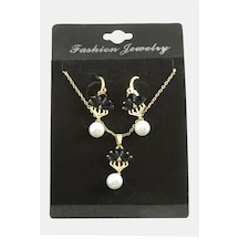 Çiçek - 401 - İnci Zirkon Taşlı Set - Kmrsfres - Kolye Siyah