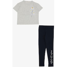 Breeze Kız Çocuk Taytlı Takım Çiçek & Yazı Baskılı Fiyonklu 5-10 Yaş, Açık Gri Melanj-açık Gri Melanj Açık Gri Melanj