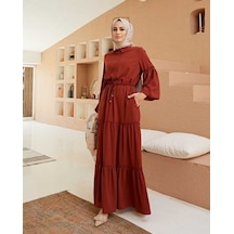 6567-büzgülü Bağcıklı Elbise Kiremit Kiremit