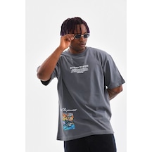 Erkek Tişort Bisiklet Yaka Baskılı Oversize T-shirt - Gri