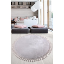 Relax Gri Yuvarlak 100x100 Cm Ponpon Saçaklı Kaymaz Tabanlı Makin Gri