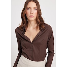 Tudors Kadın Slim Fit Dar Kesim Klasik Yaka Uzun Kollu Kahverengi Gömlek-40353 Kahverengi