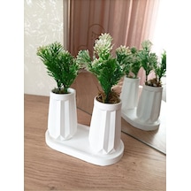 Mini Düz Desenli Beton Saksı İkili Ve Oval Tabak-yapay Çiçek Hediyeli - Beyaz Tomurcuk