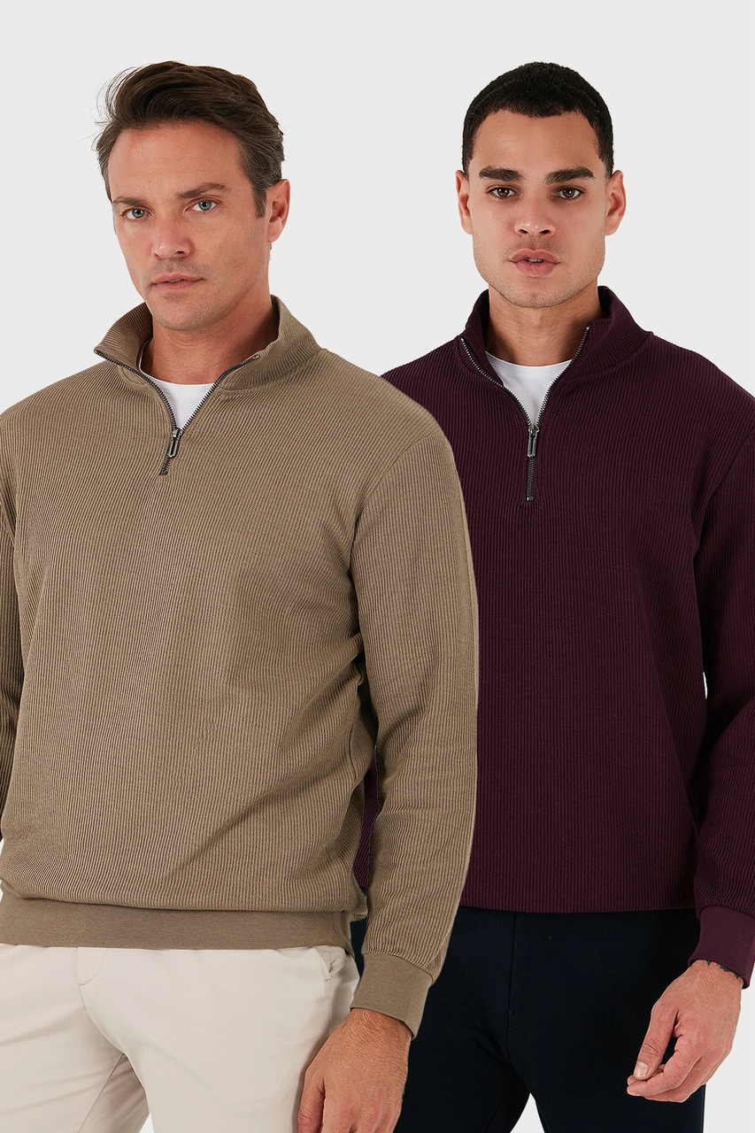 Buratti Pamuklu Regular Fit Yarım Fermuarlı Dik Yaka 2'Li Paket Erkek Sweat 5905716S2 Koyu Vizon-Vişne