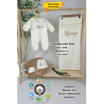 Gros Shop Müslin Yeni Doğan 4katlı Organik %100pamuk Kişiye Özgü Nakışlı Hastane Çıkış Seti Papatya-3 Ekru1