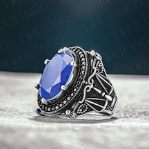 Takılingo 925 Ayar Gümüş Adalet Terazi Motifli Paraiba Taşlı Erkek Yüzük Gümüş