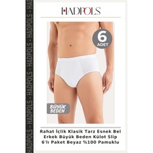 Hadpols Rahat İçlik Klasik Tarz Esnek Bel Erkek Büyük Beden Külot Slip 6'lı Paket Beyaz %100 Pamuklu