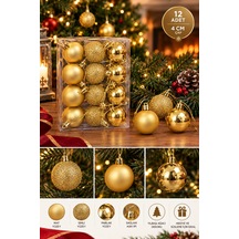12'li Set 4 Cm Gold Yılbaşı Ağacı Süsü Mat, Simli Ve Parlak Karışık Çam Ağacı Topu Noel Süsü Diğer