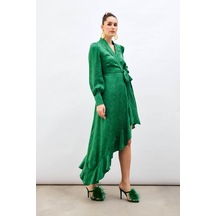 Sateen Jakarlı Asimetrik Elbise - Yeşil-132602 Yeşil