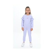 Toontoy Kids Toontoy Kız Çocuk 2'li Takım Baskılı Bisiklet Yaka Reglan Kol Fırfırlı Sweatshirt & Beli Paçası Lastikli Cepli Jogger Eşofman Altı - 2 İplik Açık Lila