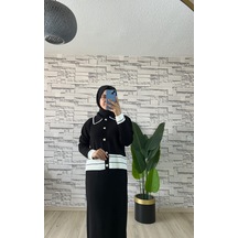 İnci Düğme Detaylı Triko İkili Takım Siyah Beyaz Siyah - Beyaz