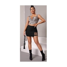 Gugus Kadın Mini/kısa Tokalı Çelik Örme Kumaş Etek Siyah