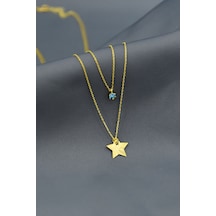 925 Ayar Gümüş Altın Kaplama Tektaş ve Yıldız Asansör Kolye UVPS102287