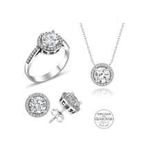 Gümüş Swarovski Taşlı Pırlanta Modeli Yuvarlak Üçlü Set