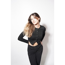 Ckm Moda Echo Düğmeli Modal Bluz Siyah