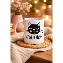 Sevimli Kedi Desenli Porselen Kupa Model 63 Meow Yazılı Kahve &amp Çay Keyfi İçin Tatlı Tasarım Renkli
