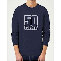 50 Cent Logo Baskılı Indigo Mavi Erkek Örme Sweatshirt