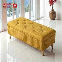 Smarto Relax Swiss Style Puf , Appenzell Kapitonesandıklı Puf, Babyface Kaplama, 100x40x45 Cm, Ahşap Ayaklı ,sandıklı Dekoratif Puf Sarı