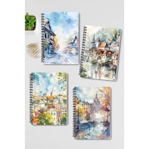 Tr Vintage Sonbahar Şehir Temalı 4'lü Defter Seti - A5 Boyut, Çizgisiz, Tel Spiralli - Günlük, Ajanda, Okul Ve Hat Genel