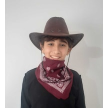 Uniquetrenders Çocuk Unisex 8 - 14 Yaş Süet Kovboy Şapkası Bordo Bandana Hediye Koruma Kutulu Gönderim Koyu Kahve