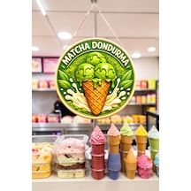 Matcha Dondurma Görselli Ahşap İpli Kapı Duvar Süsü Vegan Cafe Dekoratif Süsü, 30 X 50 Cm