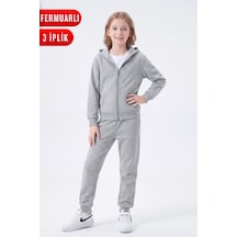 Panios Kids 3 İplik Düz Fermuarlı Kız Çocuk Eşofman Takımı Gri