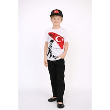 Erkek Çocuk Türk Bayraklı Kocatepe Atatürk T-shirt Keten Pantolon Şapka Siyah - Beyaz
