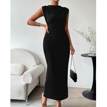 Yaz Kadın Elbisesi Kolsuz Sırt Yırtmaçlı Pileli Dar Elbiseler Siyah