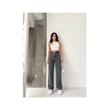 Kene Jeans Kar Siyah Kemerli Likralı Bol Paça Denim Pantolon Kar Siyah