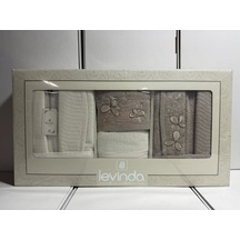 Levinda 3d Nakışlı Bornoz Takımı Krem-kahve