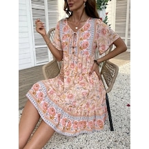 DefyModa Kadın Kısa Kollu Yakası Bağcıklı Önden Düğmeli Fırfır Desenli Süprem Elbise Pembe