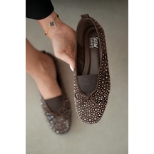 Selin Shoes Ziva Süet Üzeri Taş Detay Fiyonk Aksesuar Kadın Babet- Kahve Süet Kahverengi