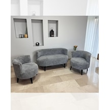 Sydney 2+1+1 Welsoft Tüylü Yumuşak Kumaş Balkon Çay Seti Koltuk Takımı - Ahşap Ayak - Kırçıllı Gri Gri - Siyah