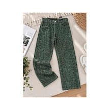Uğur Bebe Kız Çocuk Yeşil Leopar Desenli Geniş Paça Kot Pantolon Ayarlanabilir Bel, Modern Bol Paça, Şık Günlük Kanvas Pantolon Yeşil Yeşil