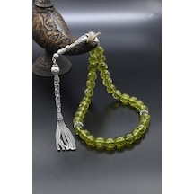 33'lük Doğal Peridot Taşlı Tesbih 925 Ayar Gümüş Püsküllü 10mm Küre Kesim