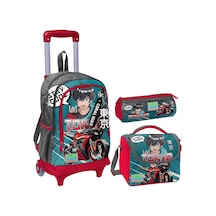 Coral High Gri Nefti Anime Motorsiklet Üçlü Çekçek Işıklı Tekerlekli Çanta Seti - Erkek Çocuk