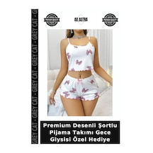Grey Cat Premium Desenli Şortlu Pijama Takımı Gece Giysisi Özel Hediye Beyaz - Pembe