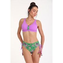 Argento Kadın Yeşil Çiçekli Sabit Kaplı Ayarlanabilir Askılı Yüksek Bel Yanı Ayarlanabilir Bikini Takımı Yeşil Çiçekli