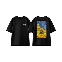 Thewert Van Gogh 3 Tasarım Sırt Baskılı Pamuk Siyah Oversize T-shirt